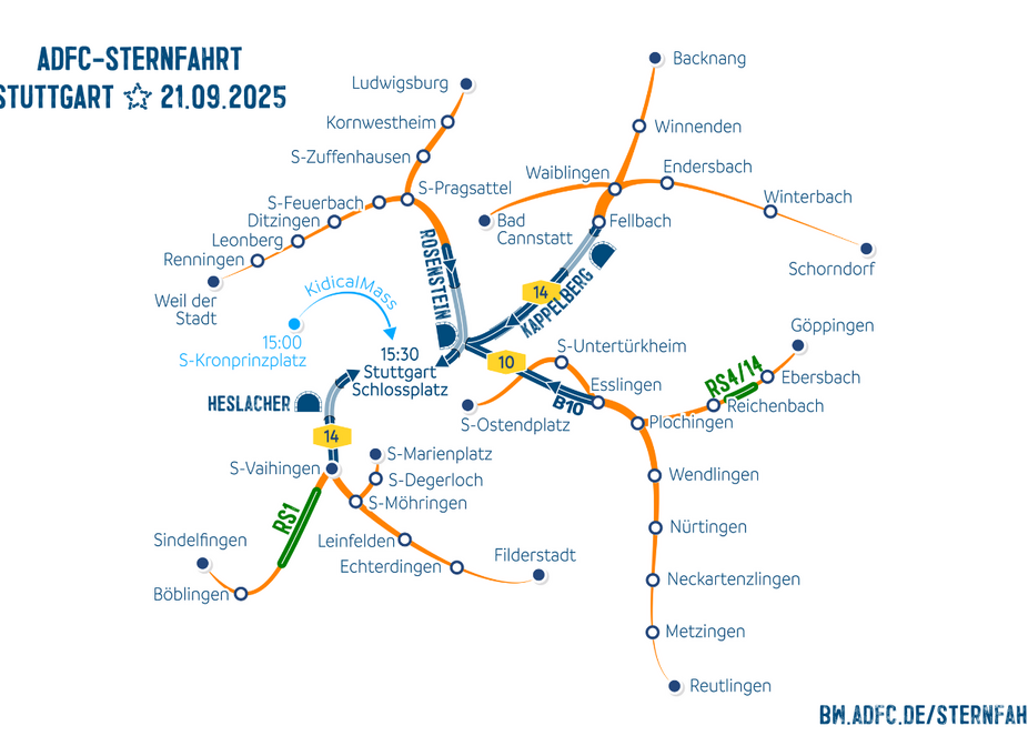 Route der Sternfahrt nach Stuttgart am 21. September 2025, Stand 10. Juli 2025 ©ADFC BW